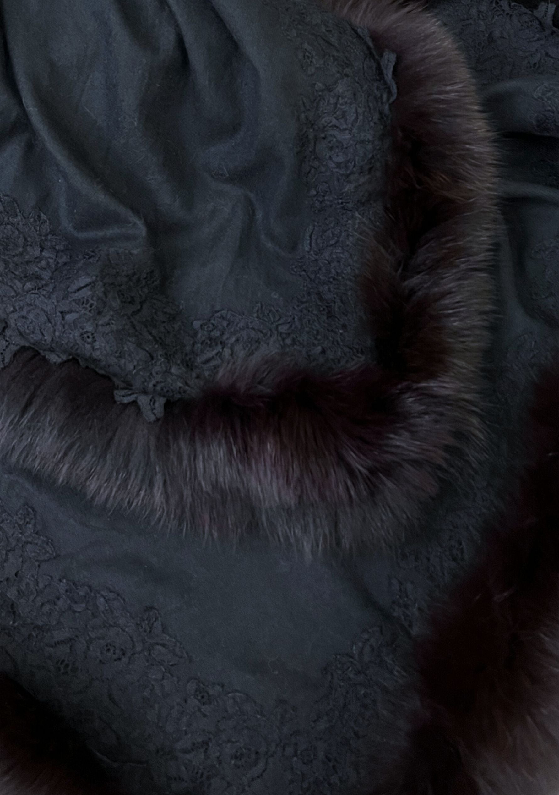 Charcoal Cashmere wrap, Fox Fur & Charcoal Floral Lace