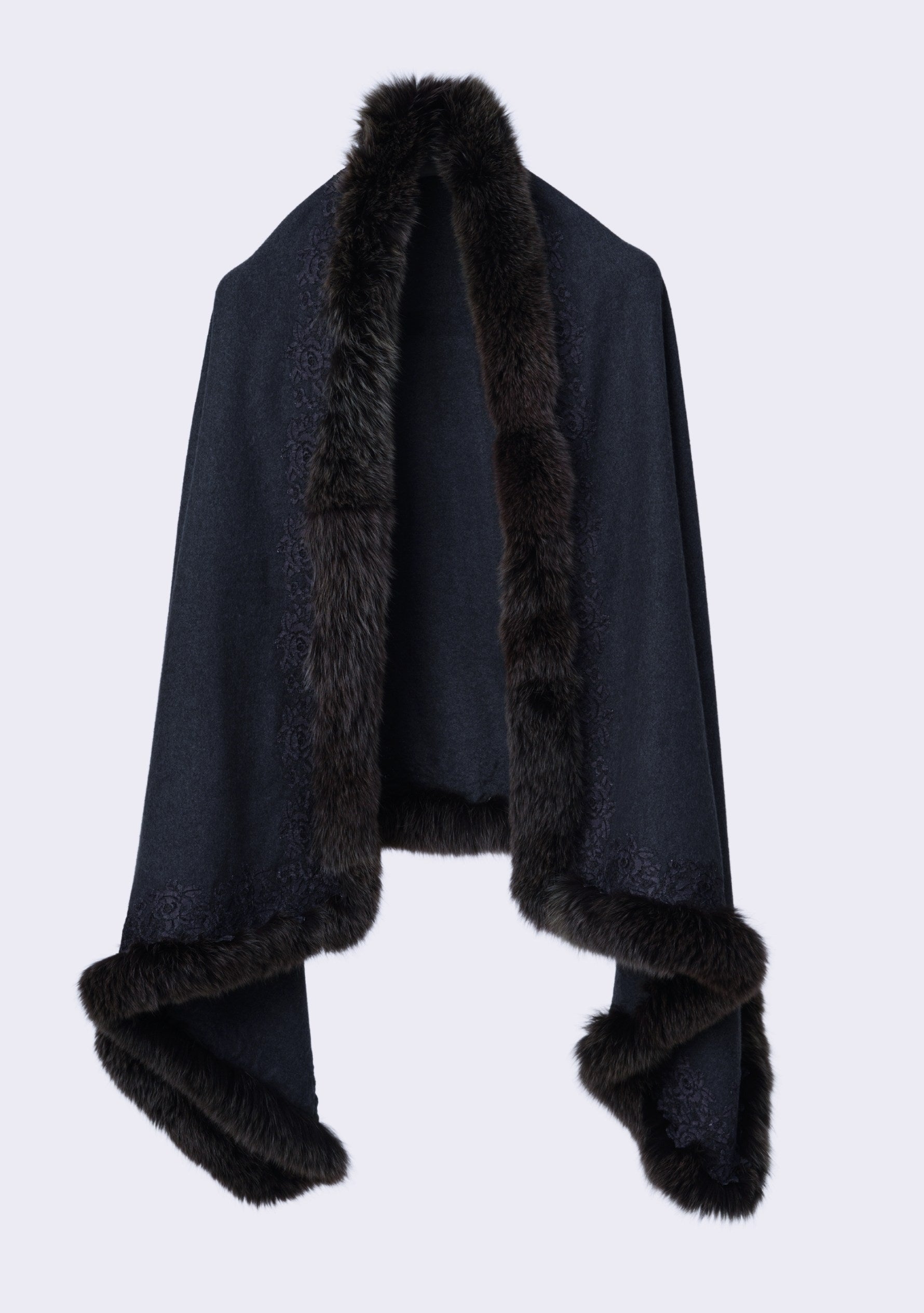 Charcoal Cashmere wrap, Fox Fur & Charcoal Floral Lace