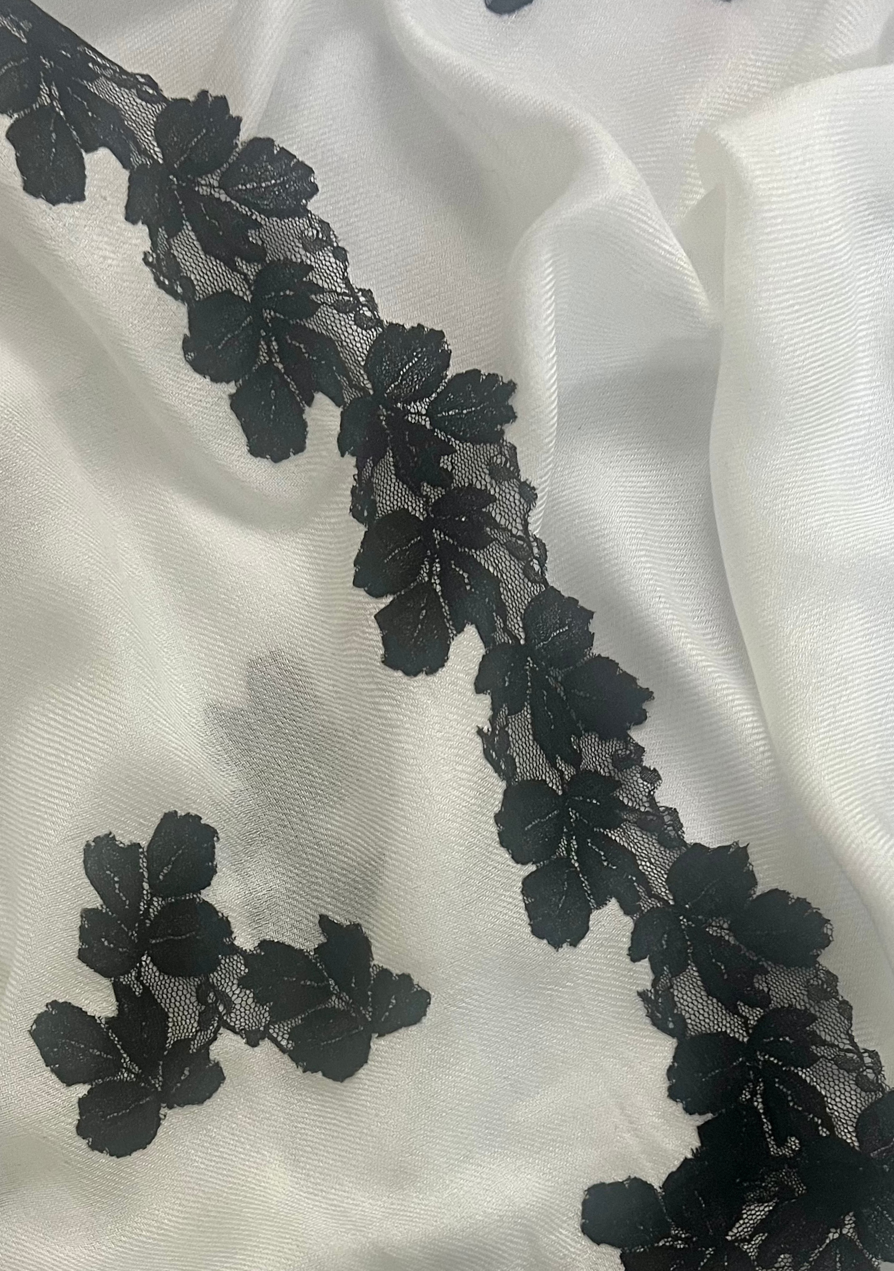 Ivory Modal Scarf with Black Leaf Lace Appliqués and Border