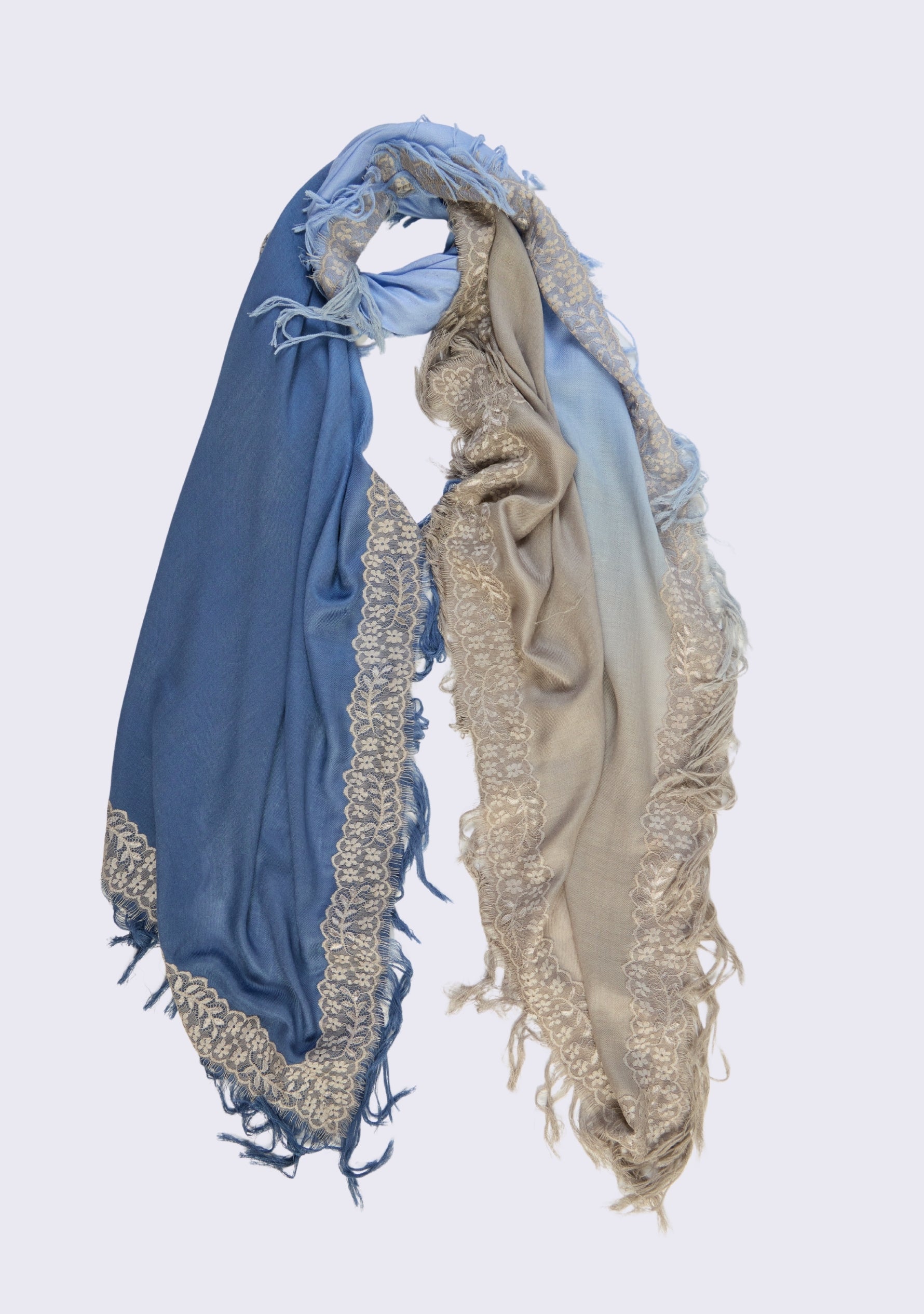 Maneesha Ruia Denim Ombré Modal & Cashmere Scarf with Mousse Lace Fringes, elegantly displayed to showcase the soft beige-to-denim blue gradient, delicate floral lace border, and fringed edges.
