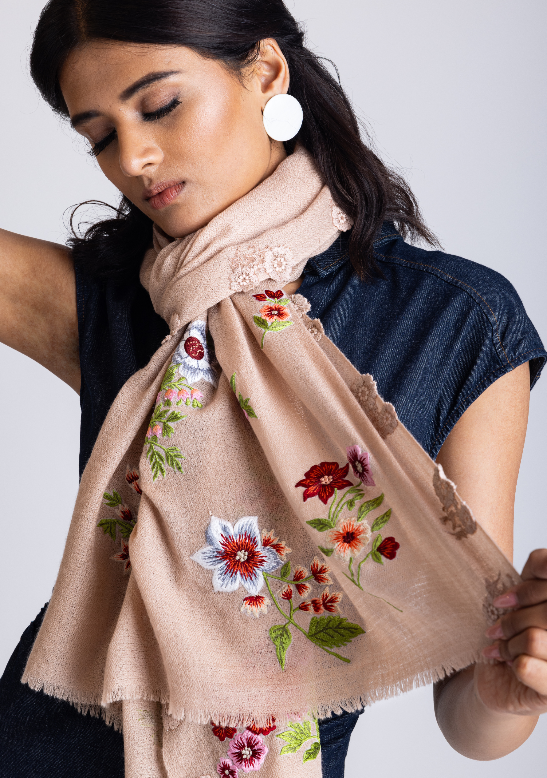 Lt. Copper Cashmere Scarf with Multi-colored Floral Embroidery and Lt. Copper Floral Lace Appliques