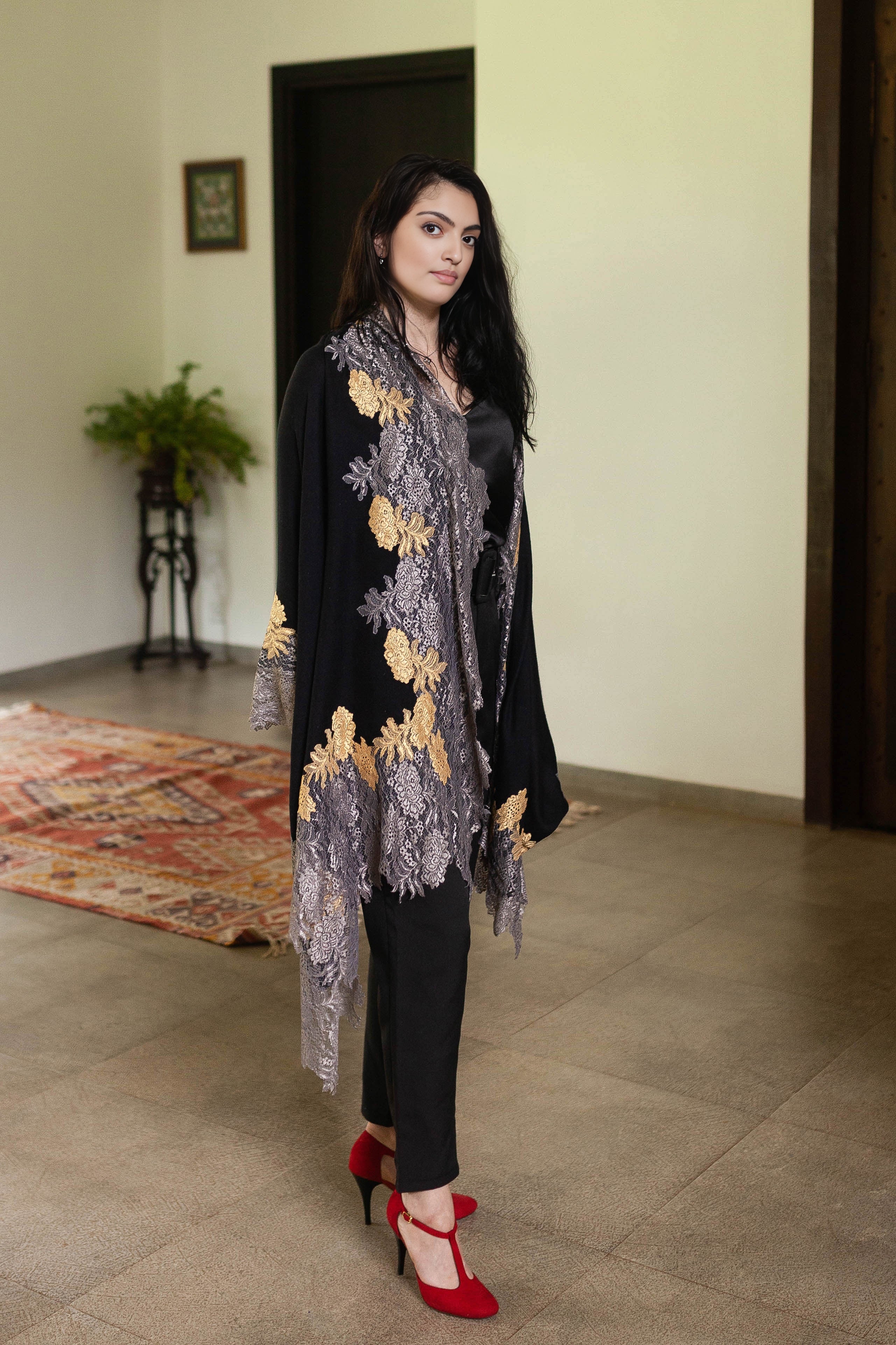 Black Wool & Silk Scarf 
Antique Silver & Dk. Gold Lace
