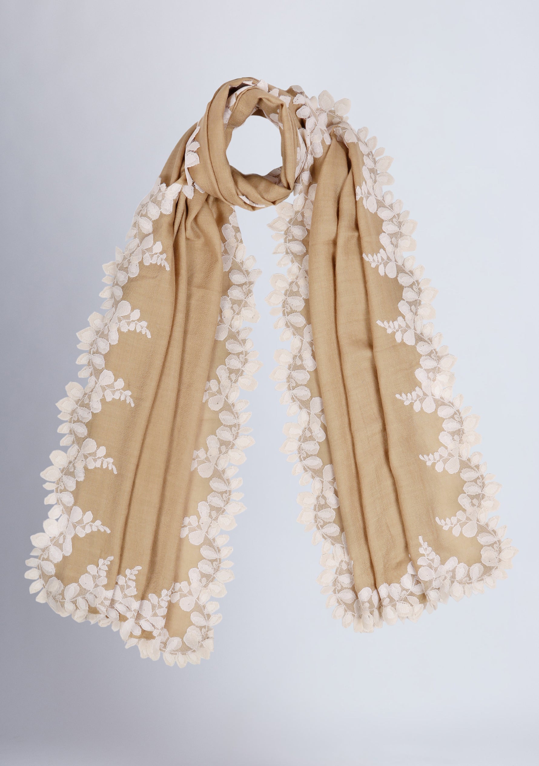 Natural Silk and Wool Scarf with a Beige Scalloped Lace Border