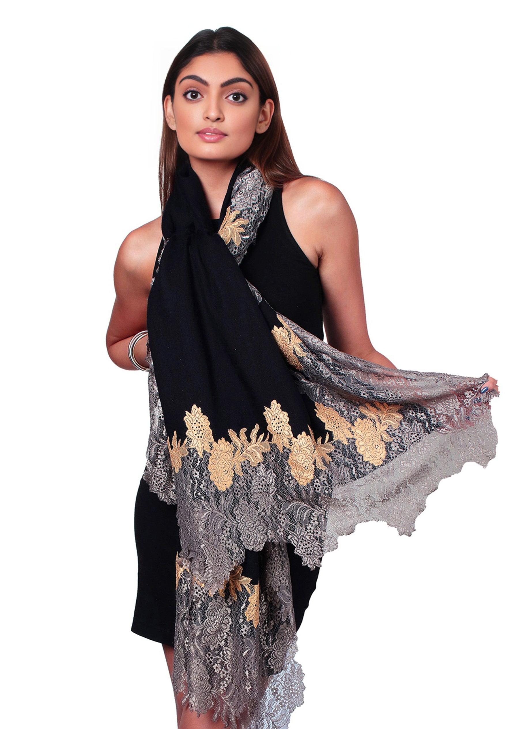 Black Wool & Silk Scarf 
Antique Silver & Dk. Gold Lace