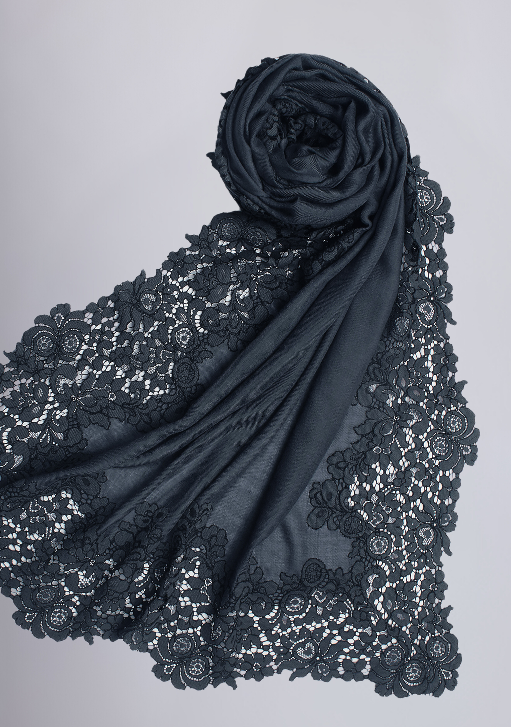 Dk. Grey Wool & Silk Scarf with a Dk. Grey Black Corded Lace Border