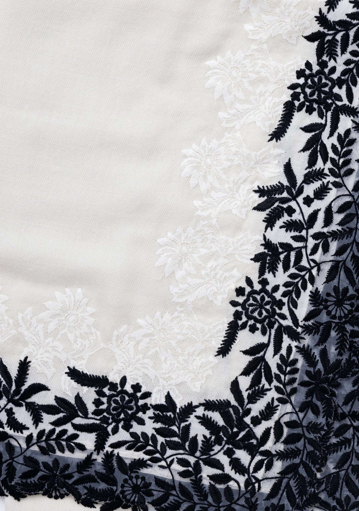 Ivory Cashmere Scarf
Black Embroidery & Ivory Lace