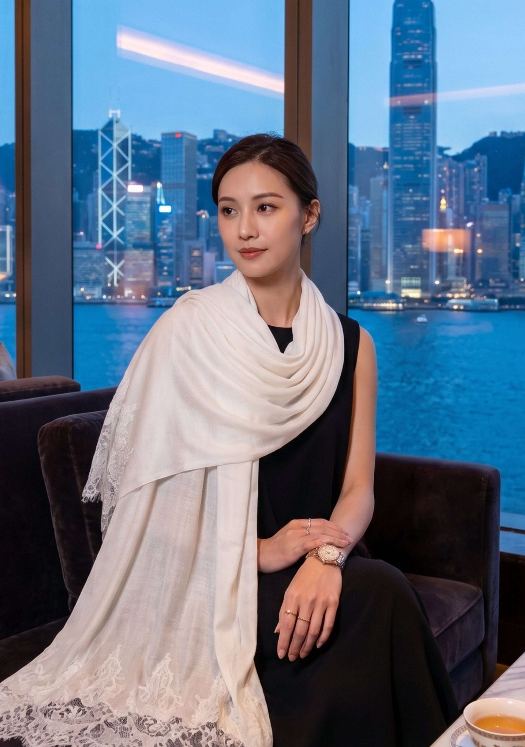 Maneesha Ruia ivory modal scarf with ivory lace, luxury designer scarf for women, elegant lightweight fashion accessory
