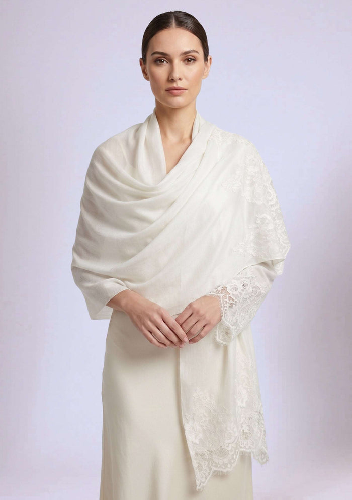 Maneesha Ruia ivory modal scarf with ivory lace, luxury bridal scarf for women, elegant wedding accessory