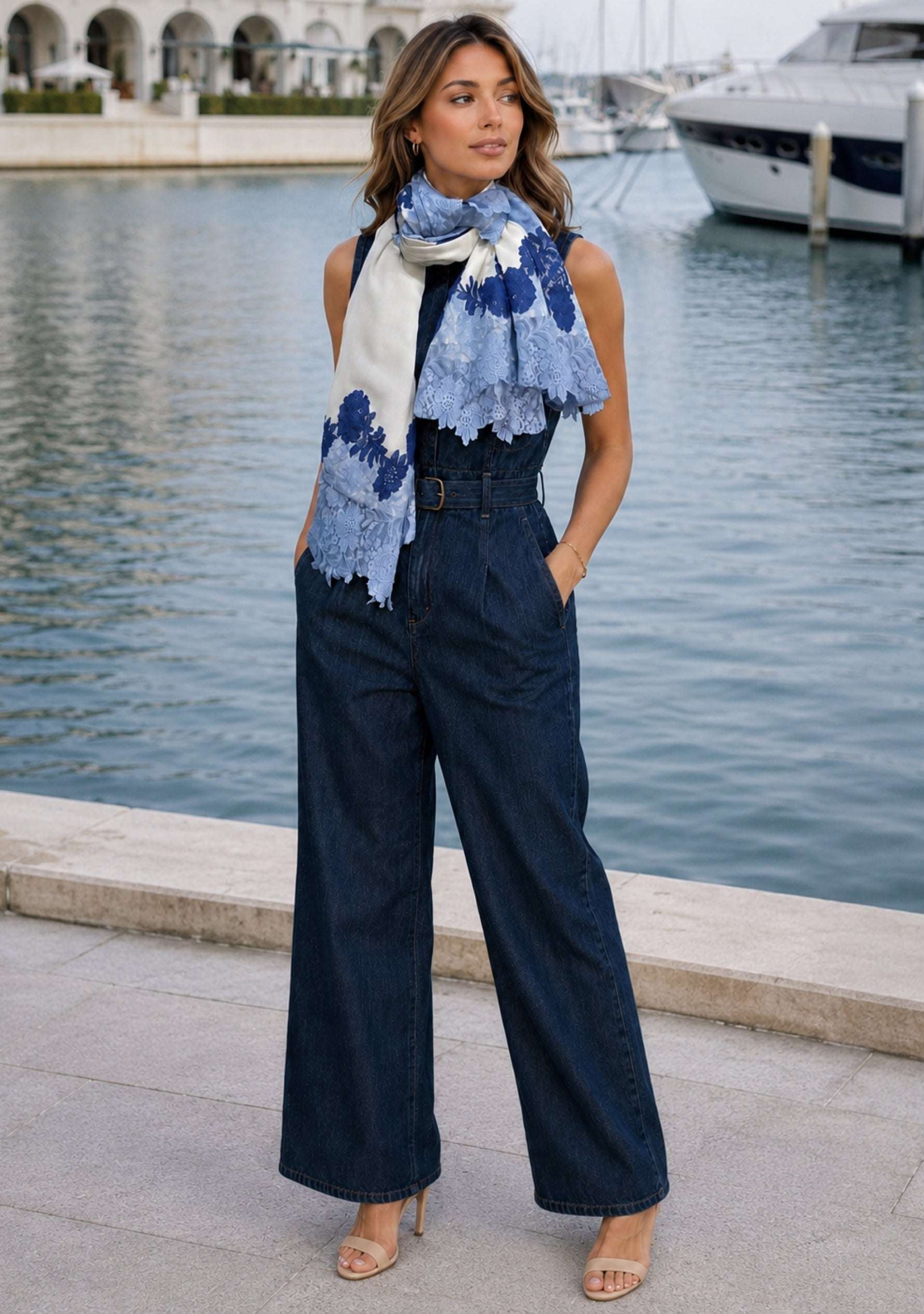 Female model wearing a luxury ivory wool and silk scarf with handcrafted steel blue and dark denim blue Chantilly floral lace, elegantly styled by the waterfront for timeless sophistication and refined everyday elegance.