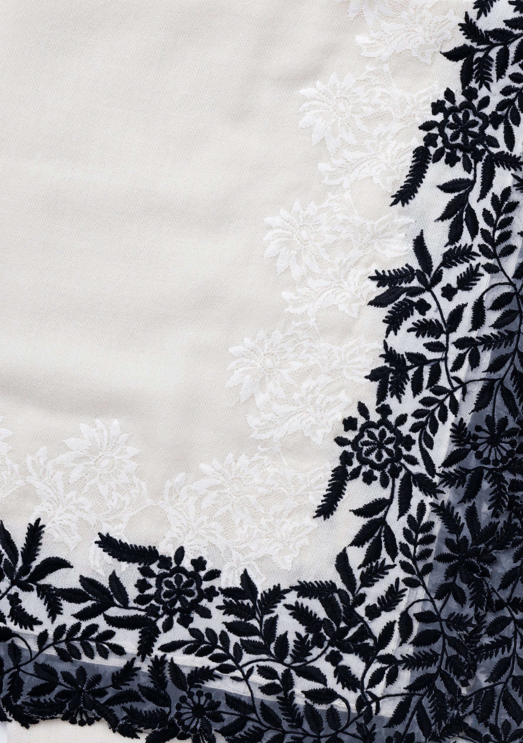 Ivory Cashmere Scarf with a Black Leaf Embroidery Border and Ivory Floral Lace Inset