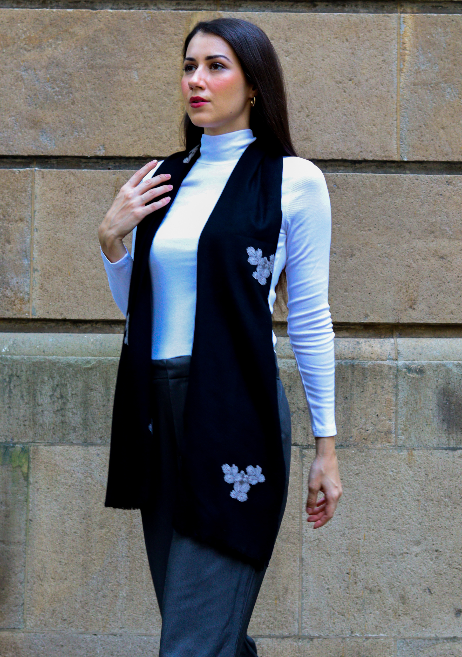 Black Wool Scarf with Antique Silver Leaf Lace Appliques