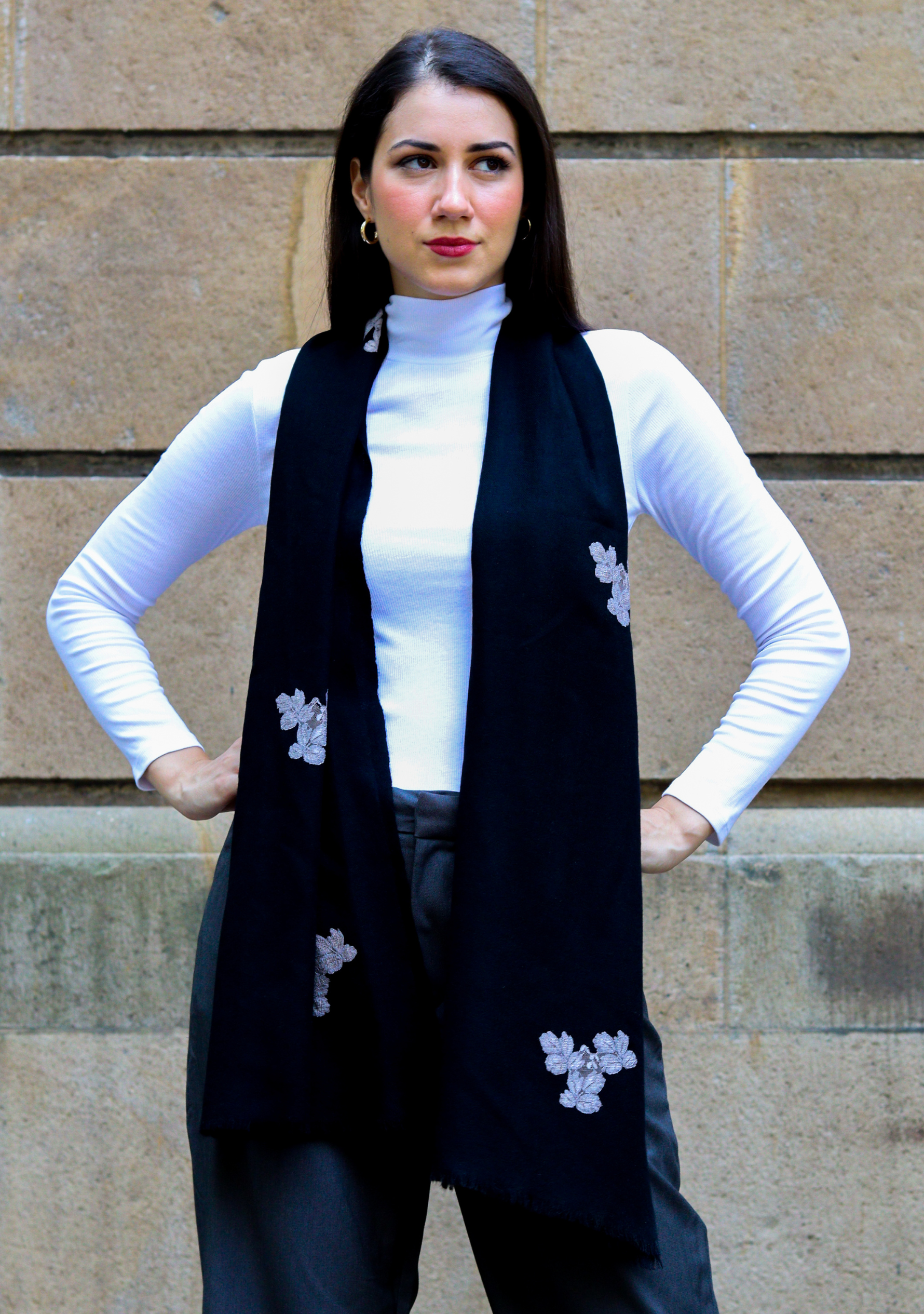 Black Wool Scarf with Antique Silver Leaf Lace Appliques