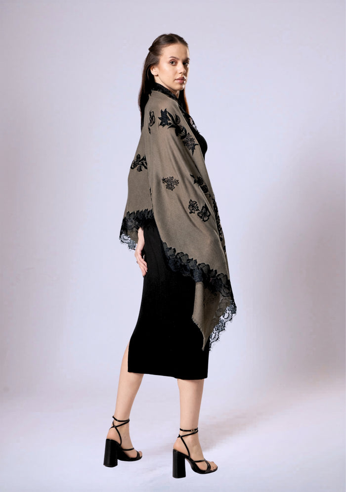 Maneesha Ruia Taupe Cashmere Scarf - black and taupe floral embroidery with black filigree lace trim
