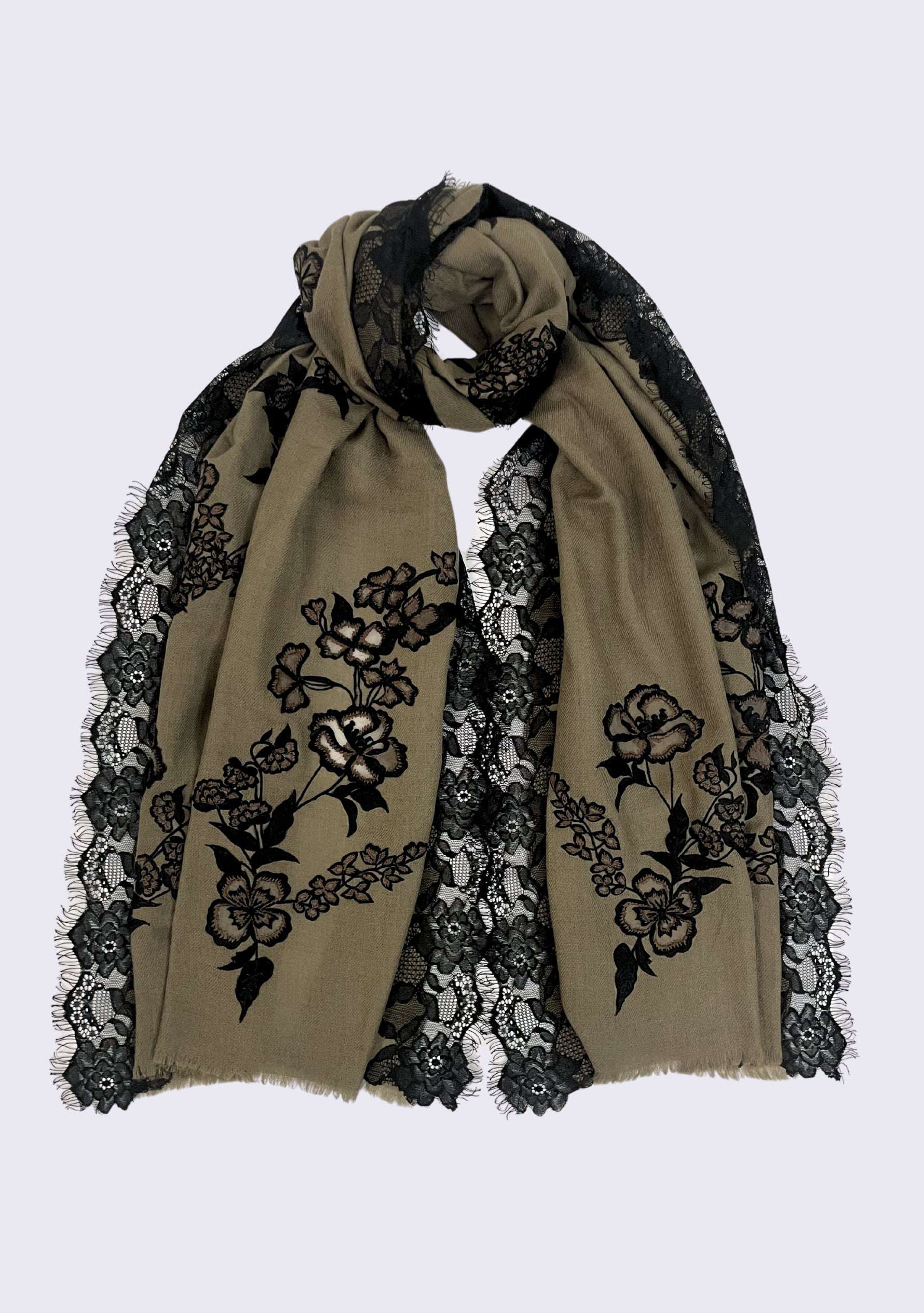 Maneesha Ruia Taupe Cashmere Scarf — black floral embroidery with black filigree lace border and soft cashmere