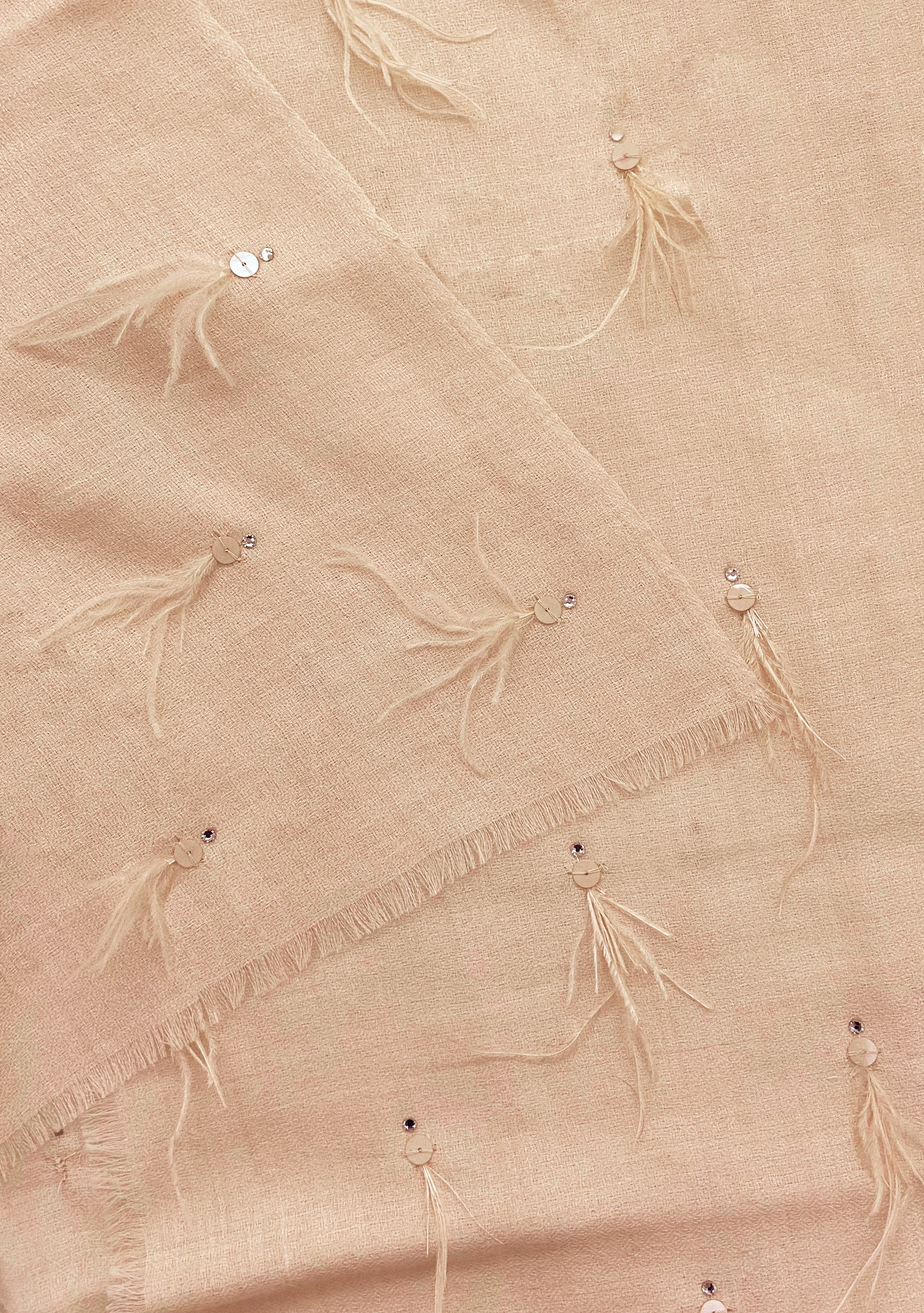 Beige cashmere pashmina scarf with beige ostrich feathers, sequin and silver swarovski crystals