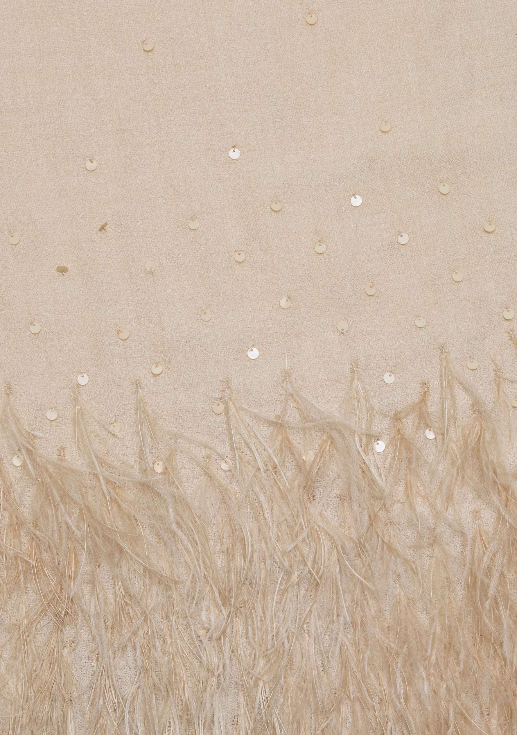 Beige cashmere pashmina scarf with beige ostrich feathers and sequin