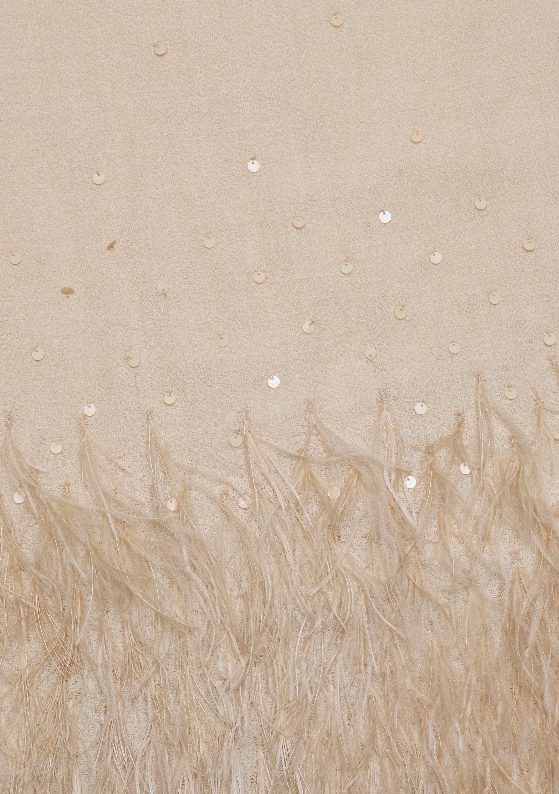 Beige cashmere pashmina scarf with beige ostrich feathers and sequin