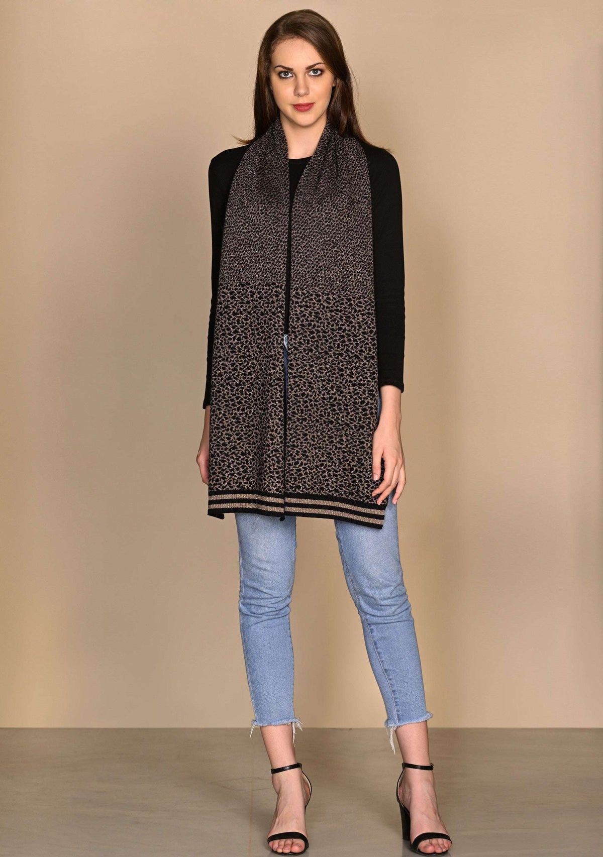 Black and tobacco brown cotton and viscose leopard jacquard scarf with black and tobacco brown lurex stripes