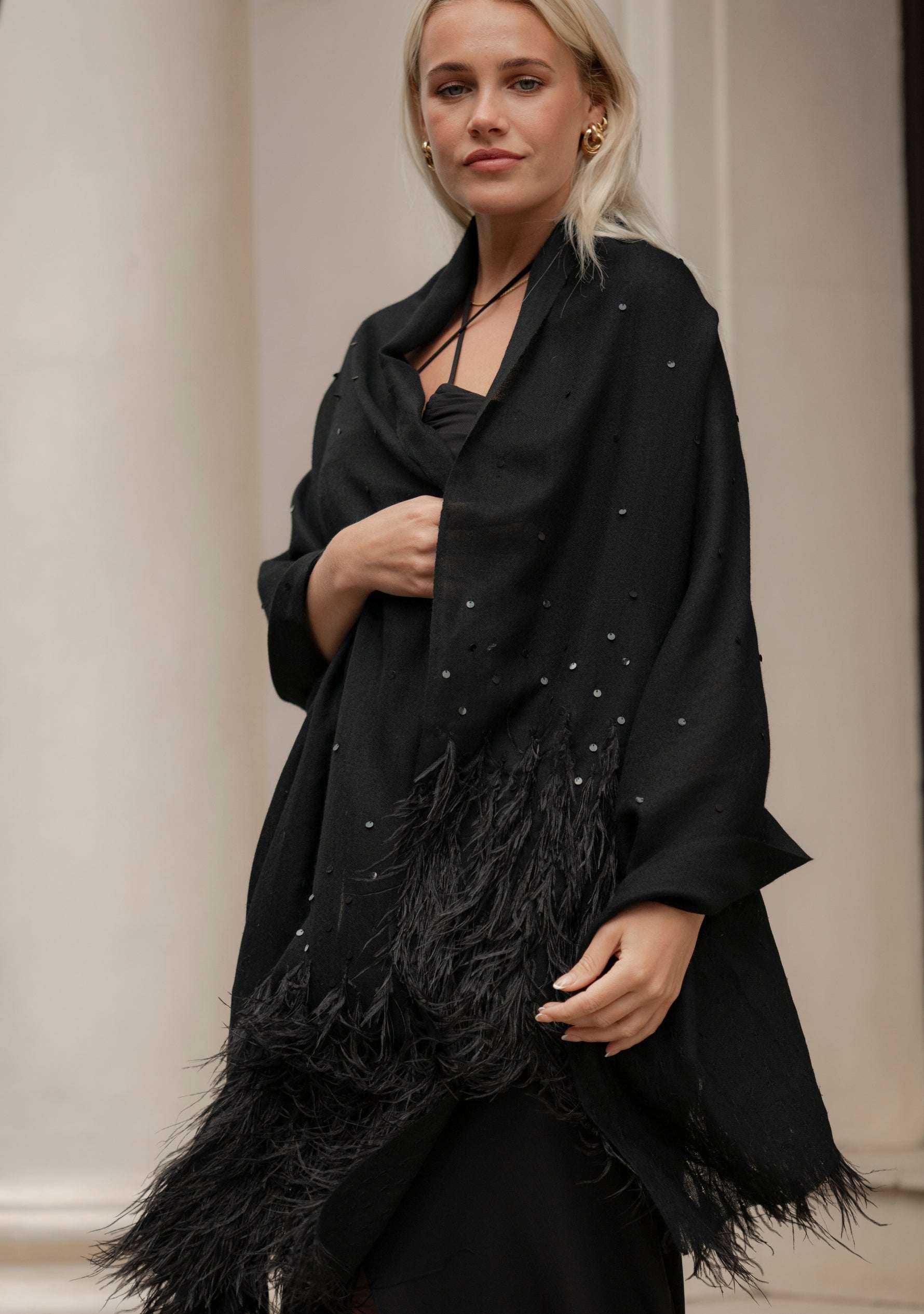Black cashmere pashmina scarf with black ostrich feathers and sequin