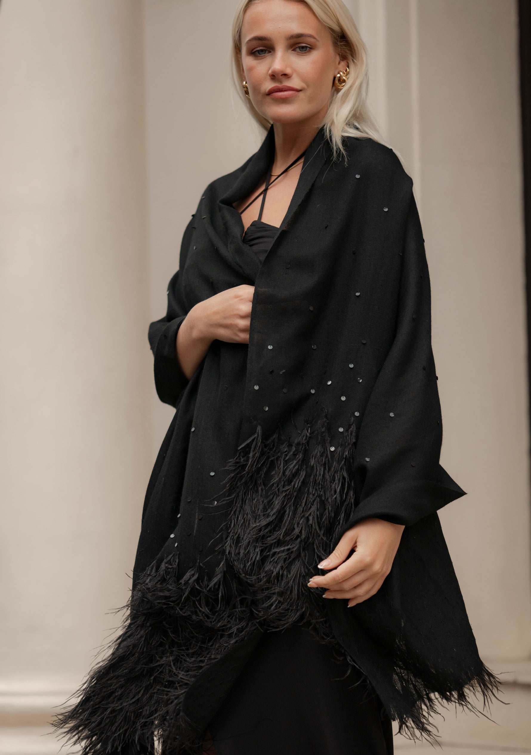Black cashmere pashmina scarf with black ostrich feathers and sequin