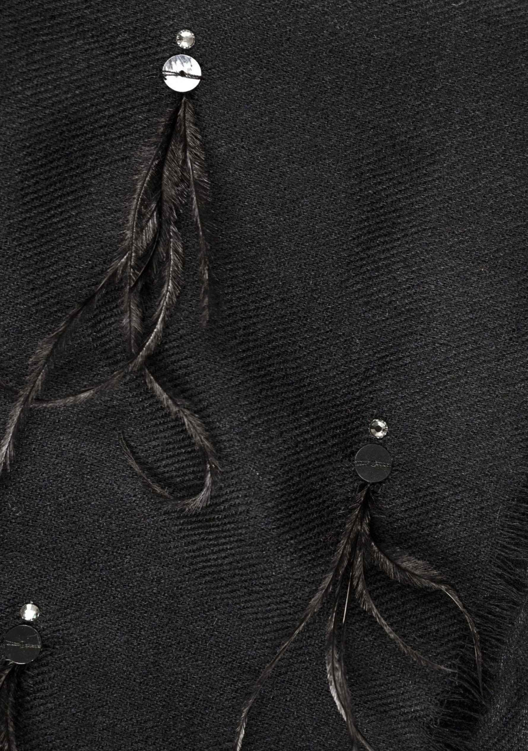 Black cashmere pashmina scarf with black ostrich feathers, sequin and antique silver swarovski crystals