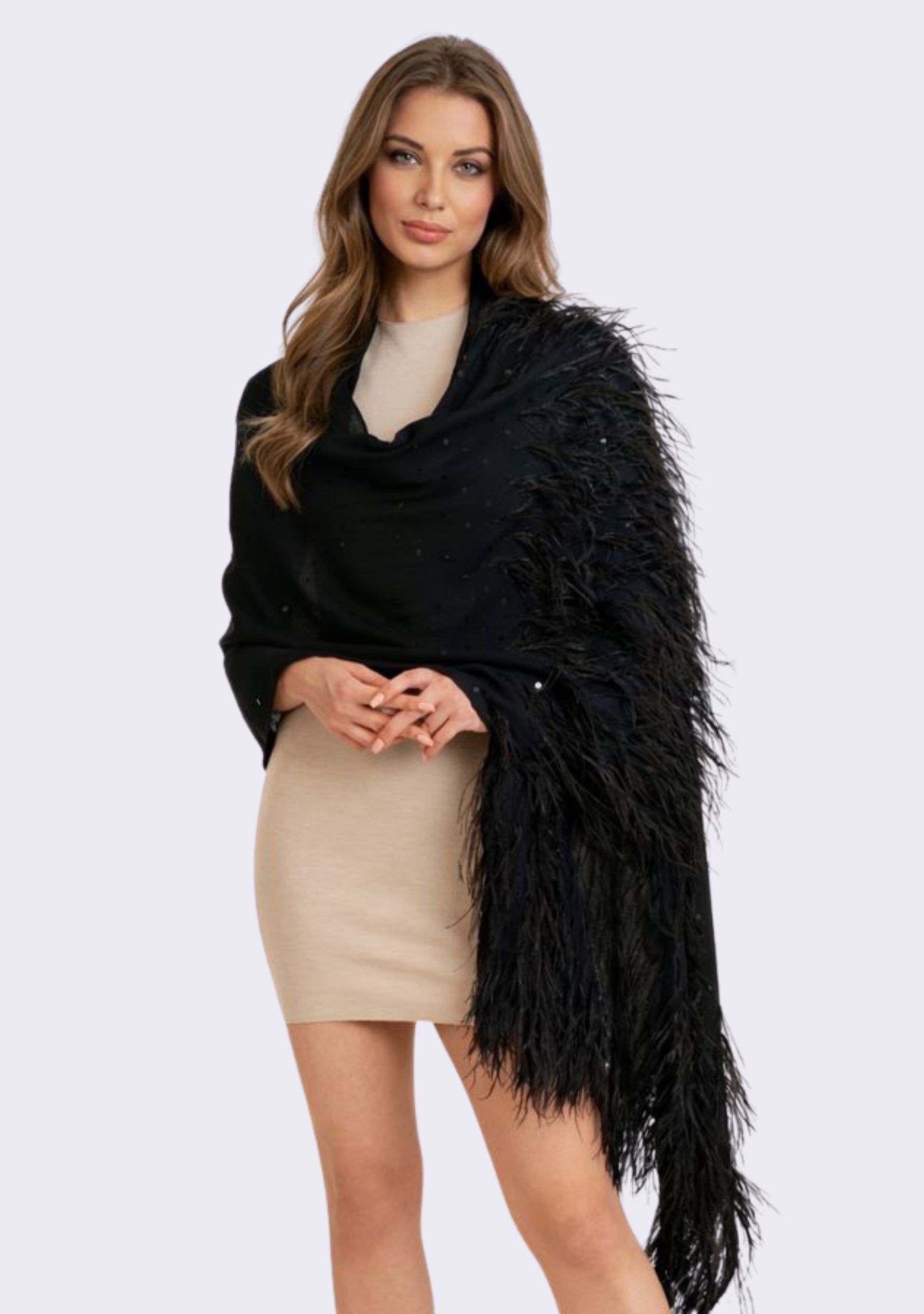 Black cashmere pashmina scarf with black ostrich feathers and sequin