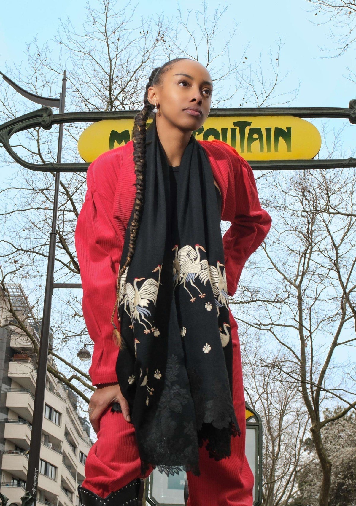 Black cashmere scarf with beige embroidery and black lace
