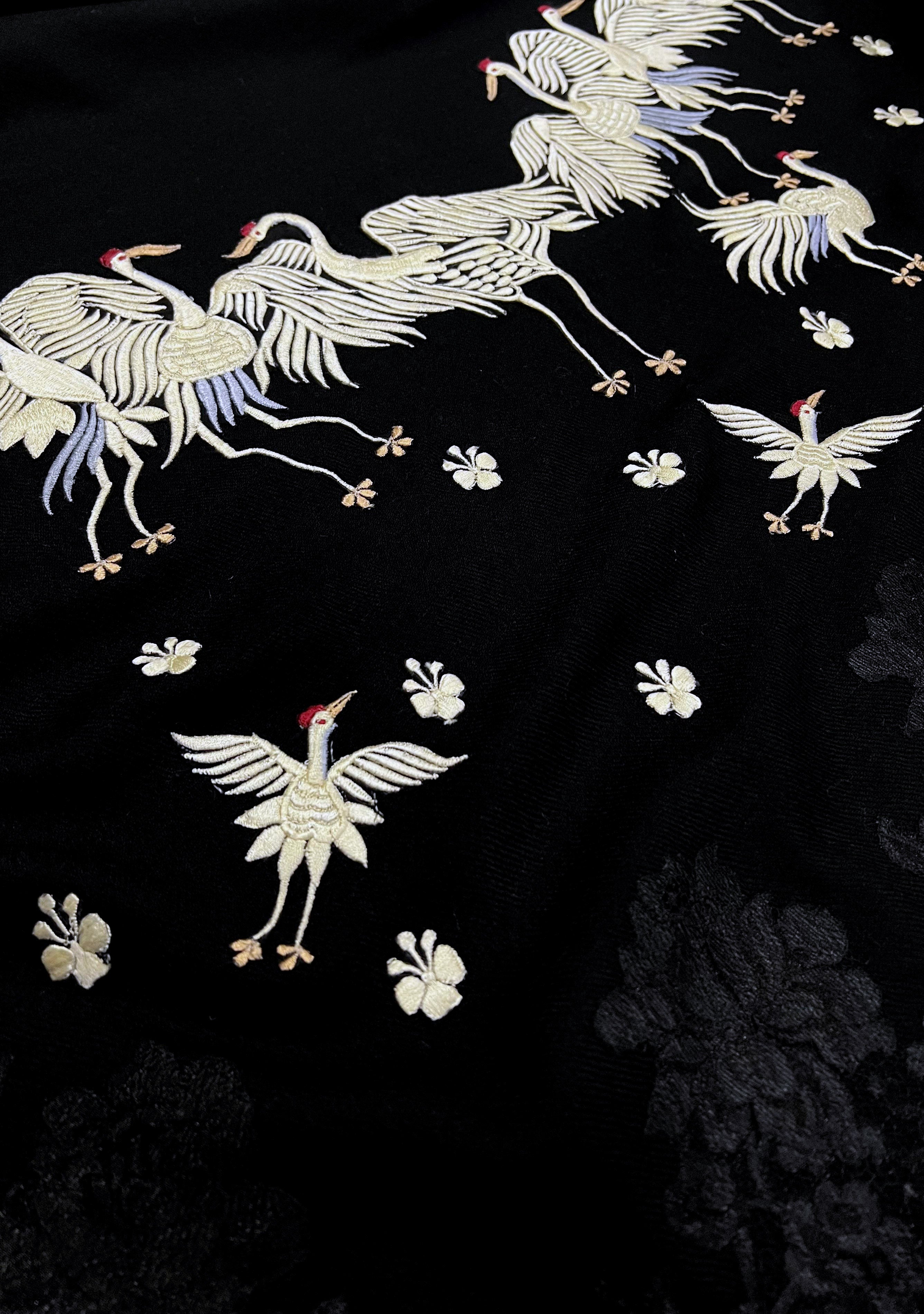Black cashmere scarf with beige embroidery and black lace