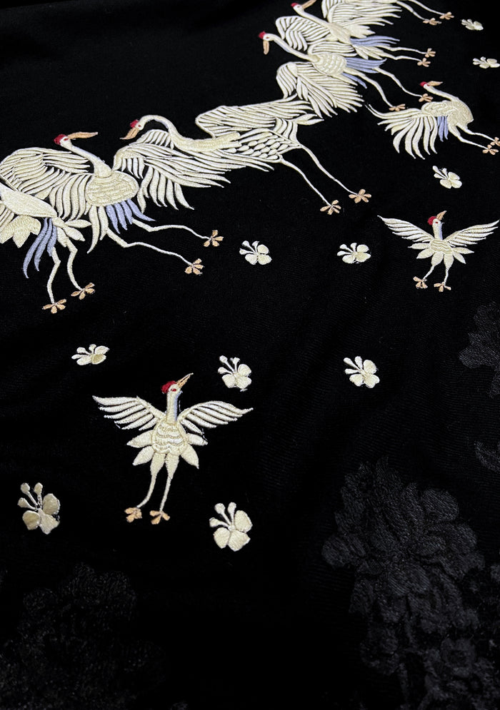 Black cashmere scarf with beige embroidery and black lace