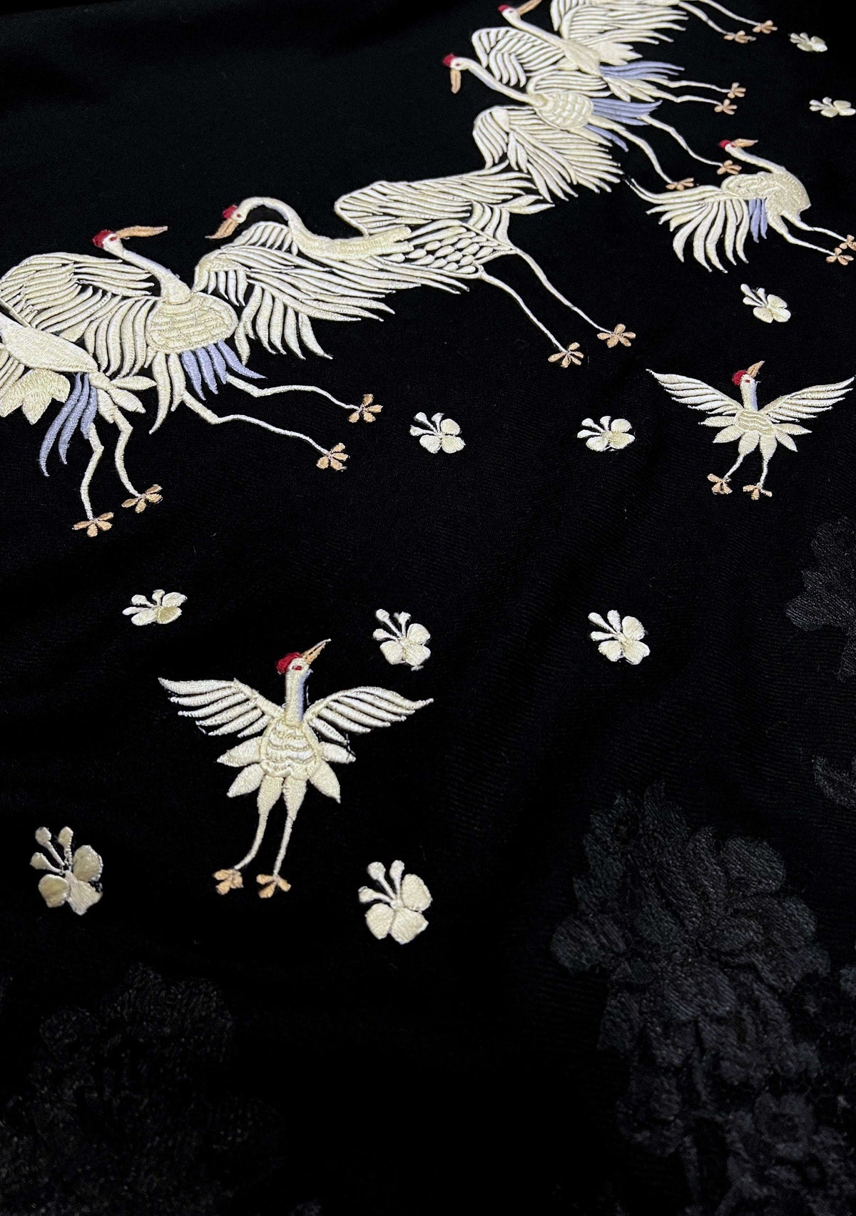 Black cashmere scarf with beige embroidery and black lace