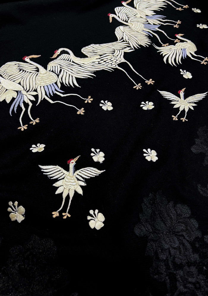 Black cashmere scarf with beige embroidery and black lace
