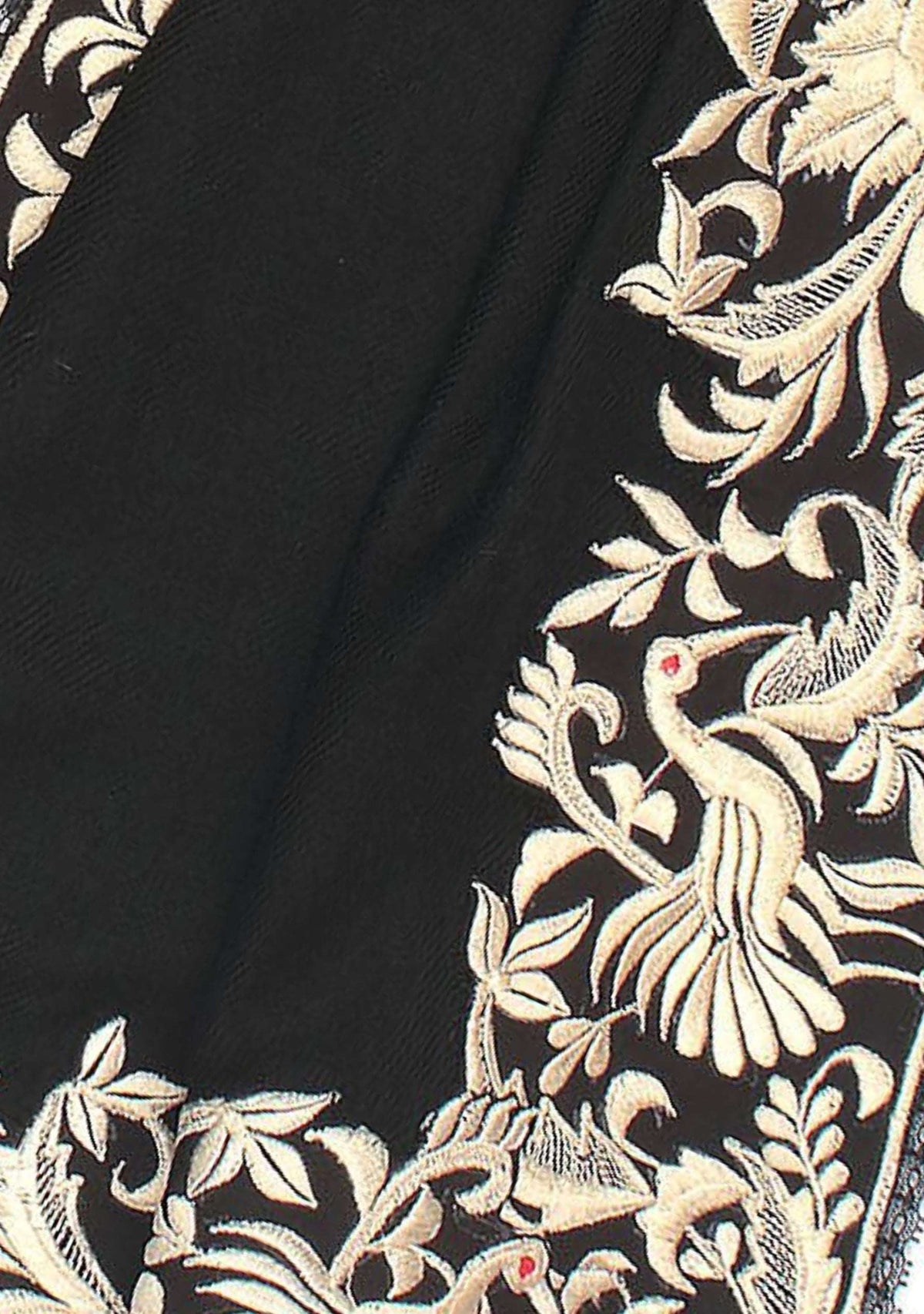 Black cashmere scarf with beige Parsi Gara embroidery and black lace
