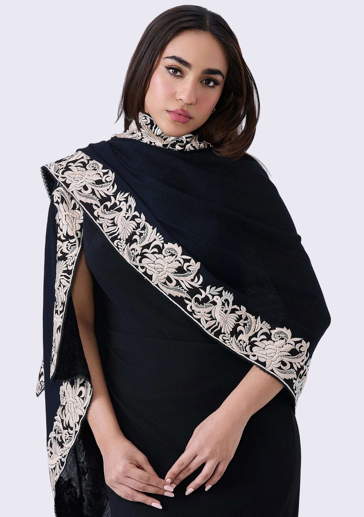 Black cashmere scarf with beige Parsi Gara embroidery and black lace