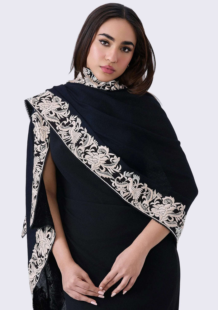 Black cashmere scarf with beige Parsi Gara embroidery and black lace