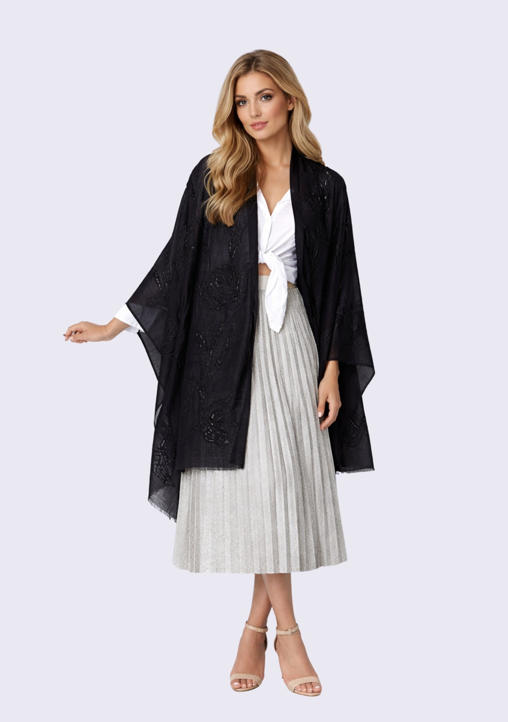 Black cashmere scarf with black lace