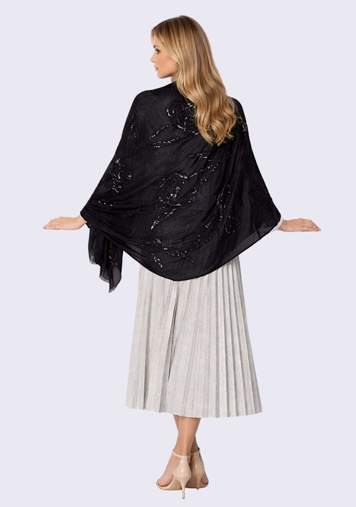 Black cashmere scarf with black lace