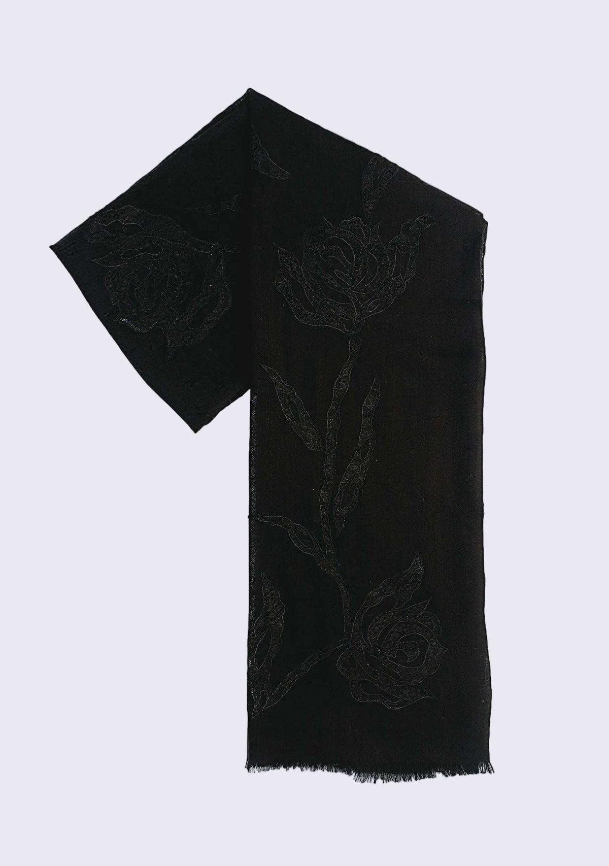 Black scarf with floral patterns on a white background