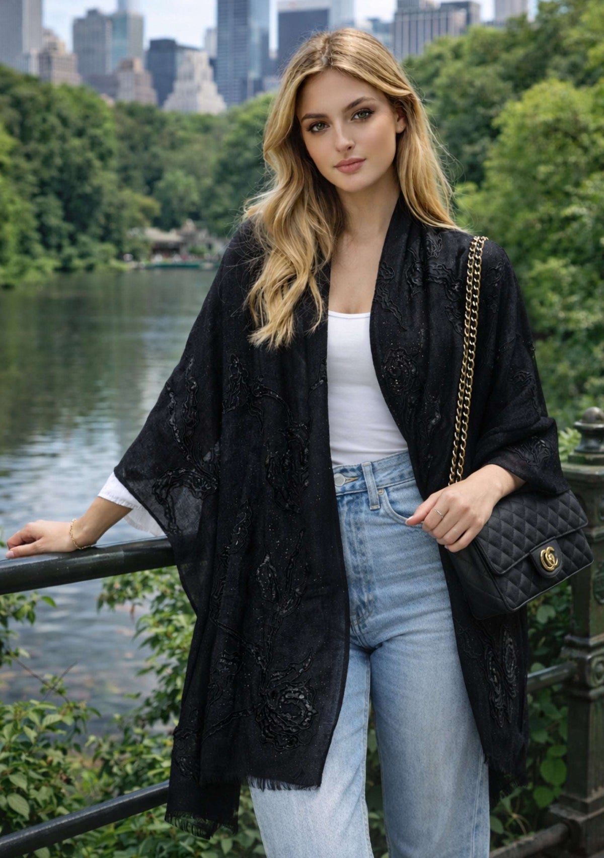 Black Cashmere Scarf for Women with Black Rose Lace Applique