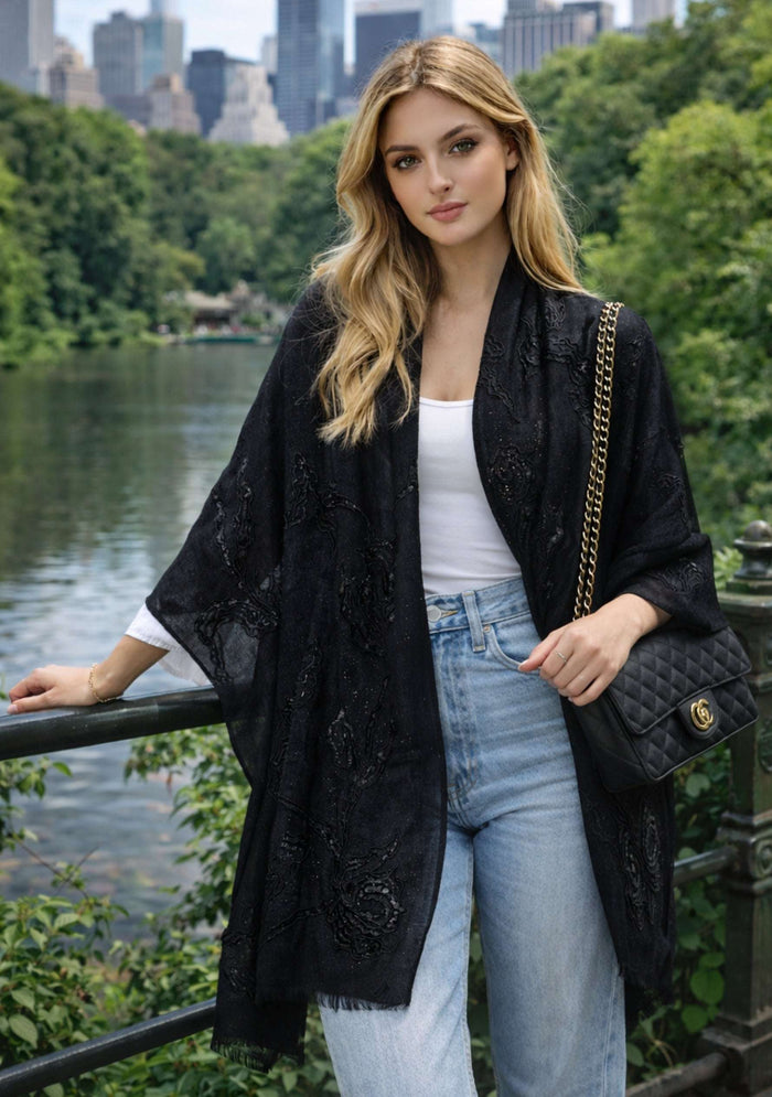 Black Cashmere Scarf for Women with Black Rose Lace Applique
