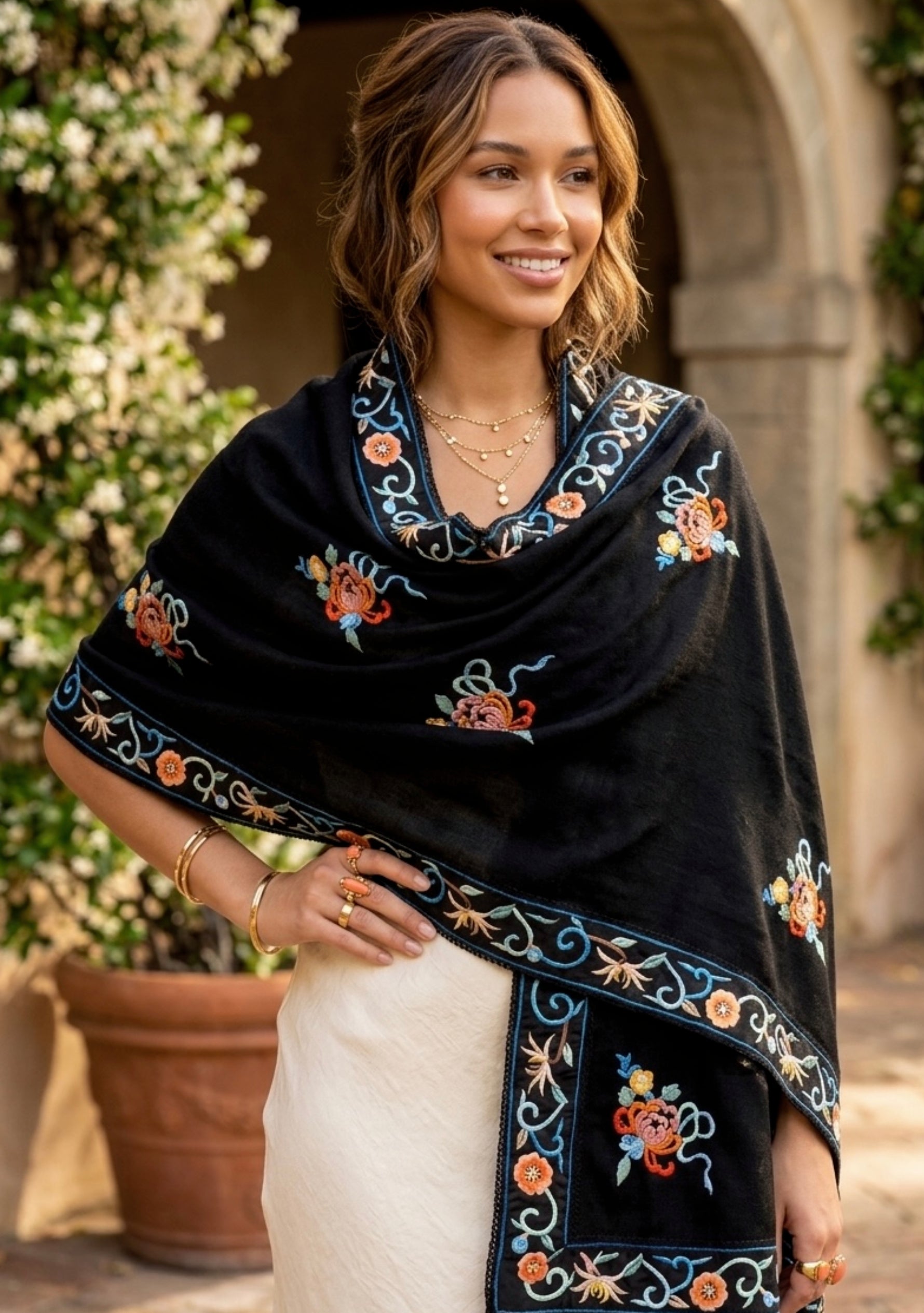 Black cashmere scarf with black multi-colored embroidery and black lace