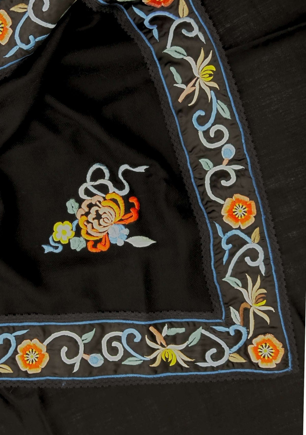 Black cashmere scarf with black multi-colored embroidery and black lace