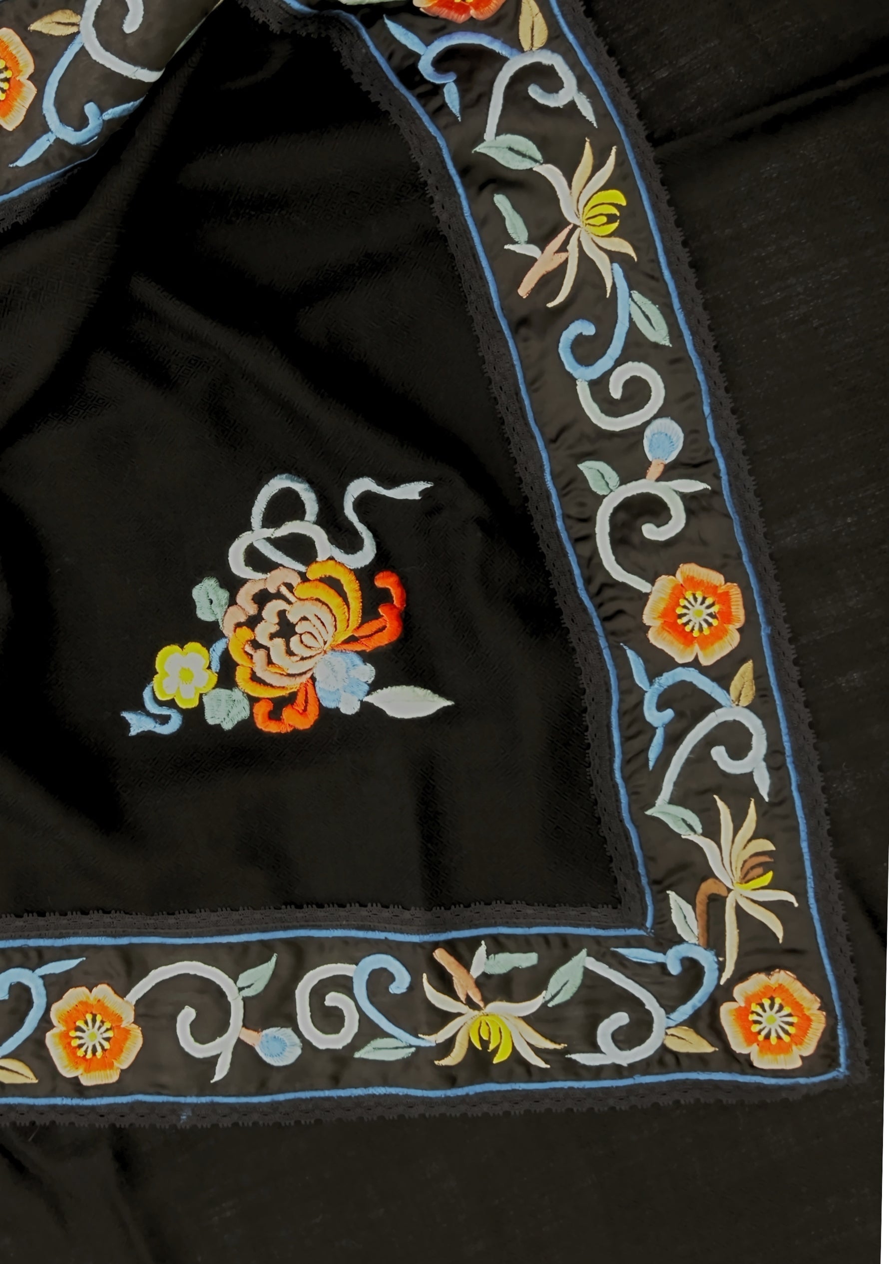 Black cashmere scarf with black multi-colored embroidery and black lace