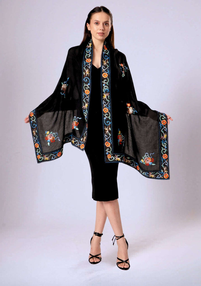 Black cashmere scarf with black multi-colored embroidery and black lace