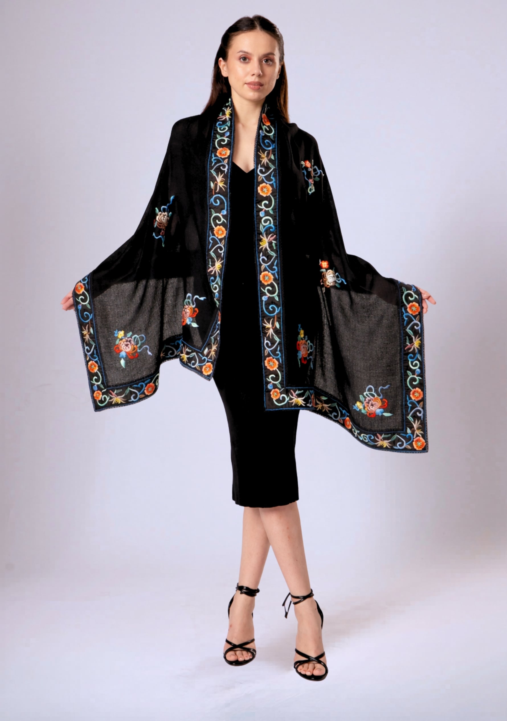 Black cashmere scarf with black multi-colored embroidery and black lace