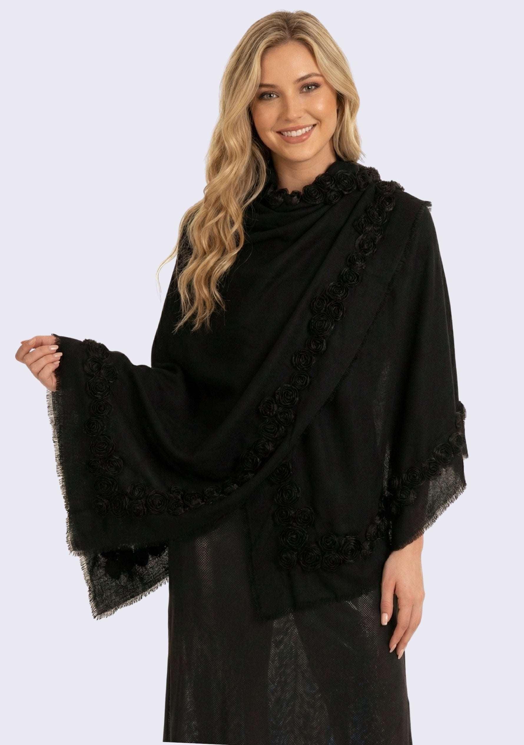 Black cashmere scarf with black ribbon roses