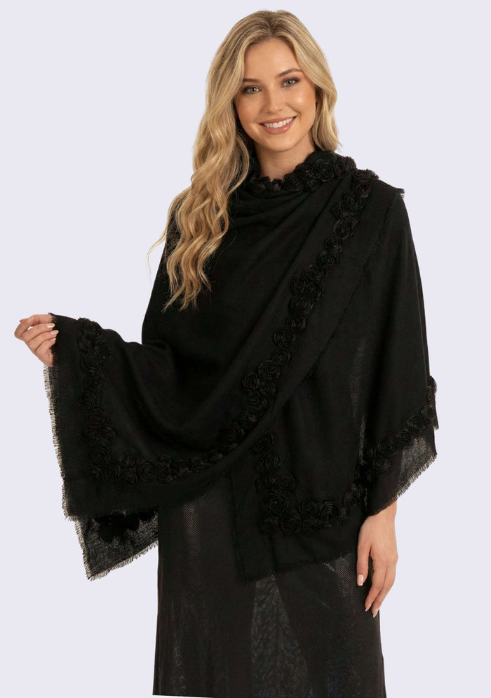 Black cashmere scarf with black ribbon roses