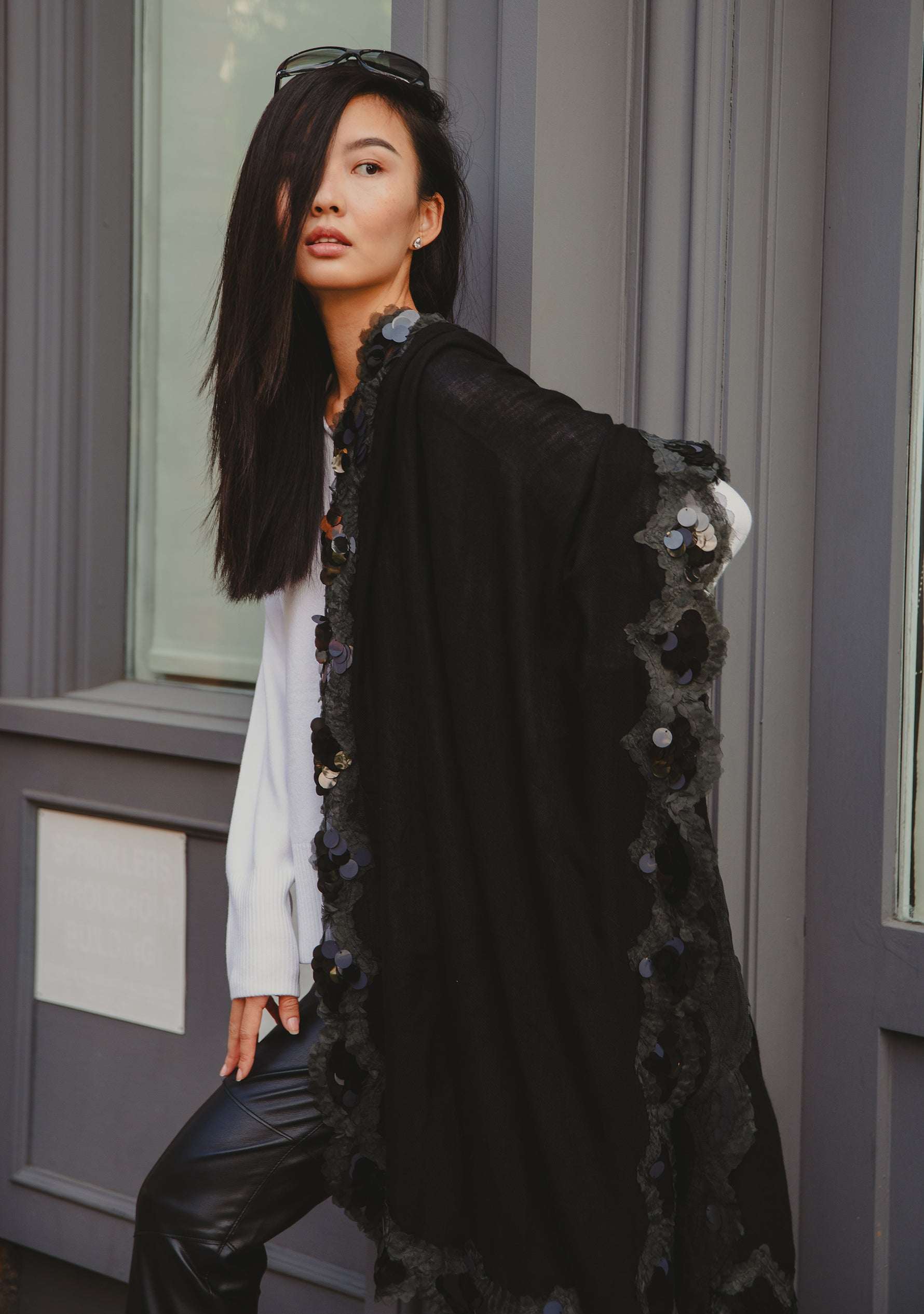 Black cashmere scarf with black sequin and frill