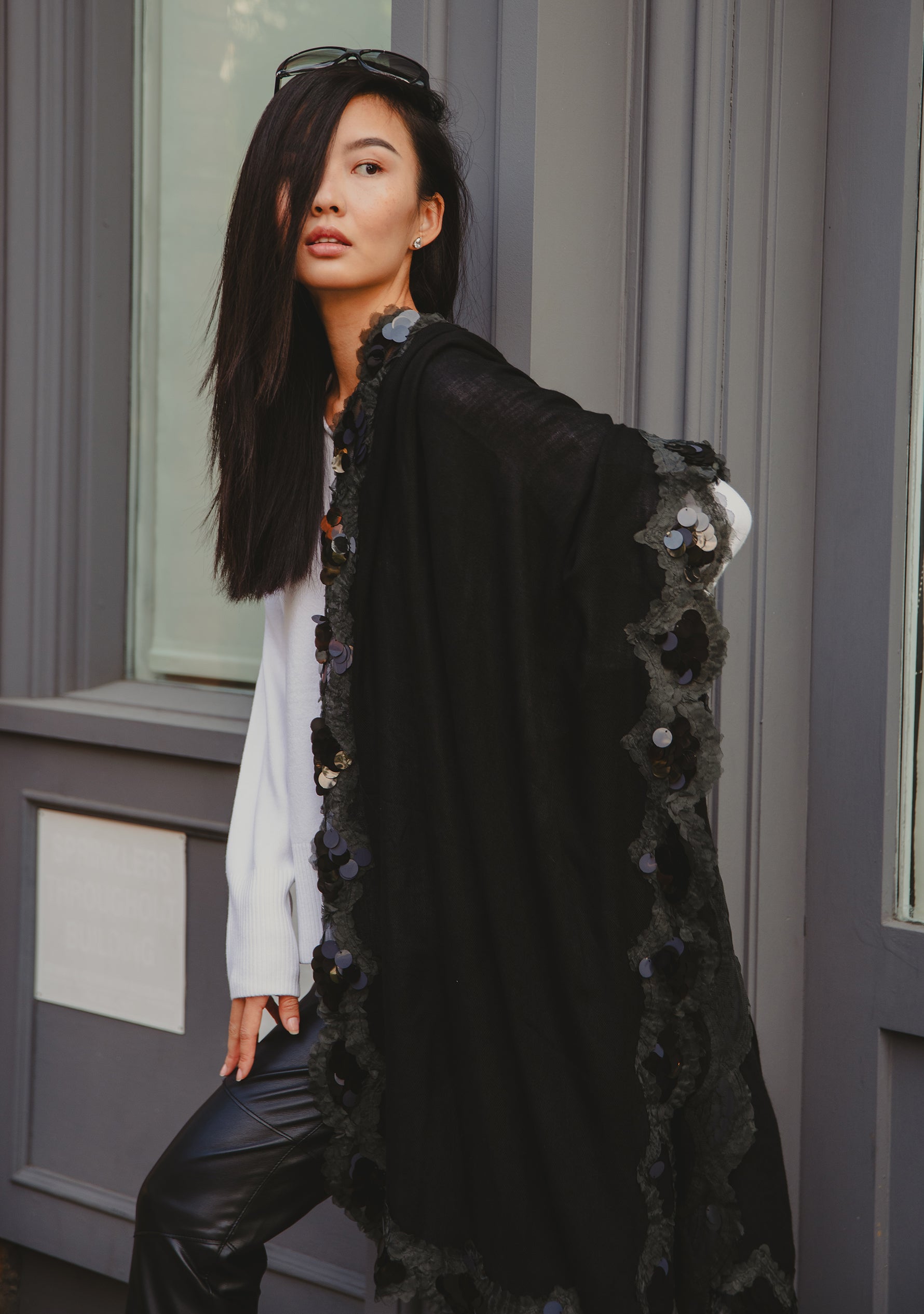 Black cashmere scarf with black sequin and frill