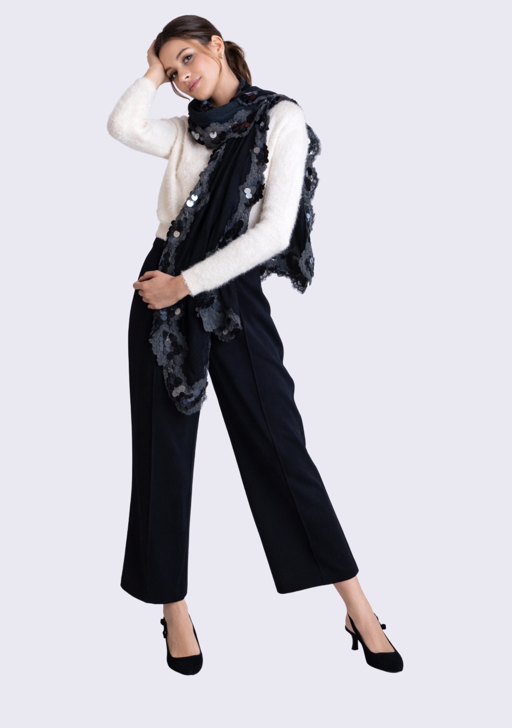 Black cashmere scarf with black sequin and frill