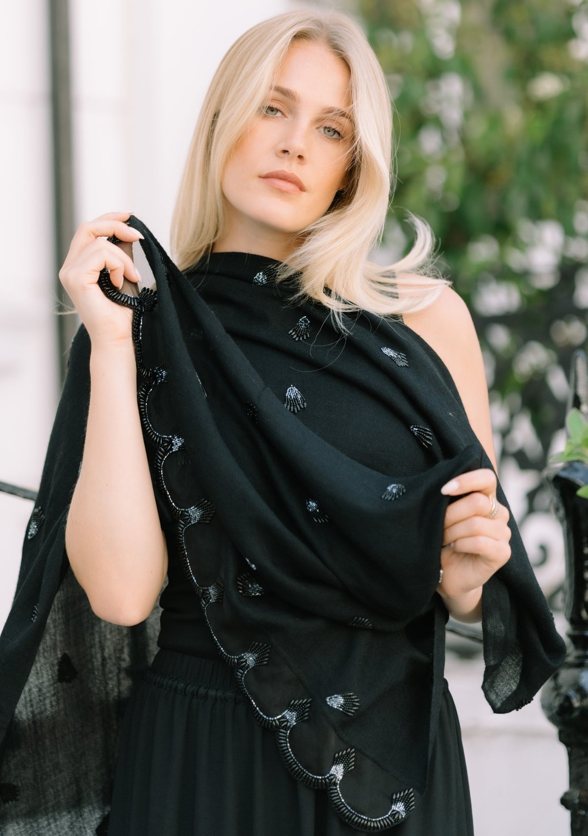 Maneesha Ruia black cashmere scarf with hand-beaded pearls and scalloped organza border, luxury designer scarf